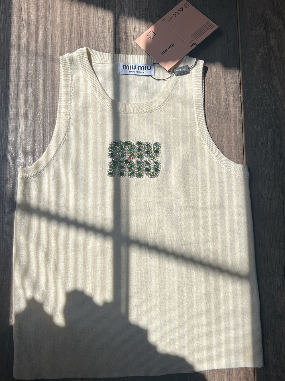 Miu Miu Cream Ribbed Tank Top with Green Crystal Logo